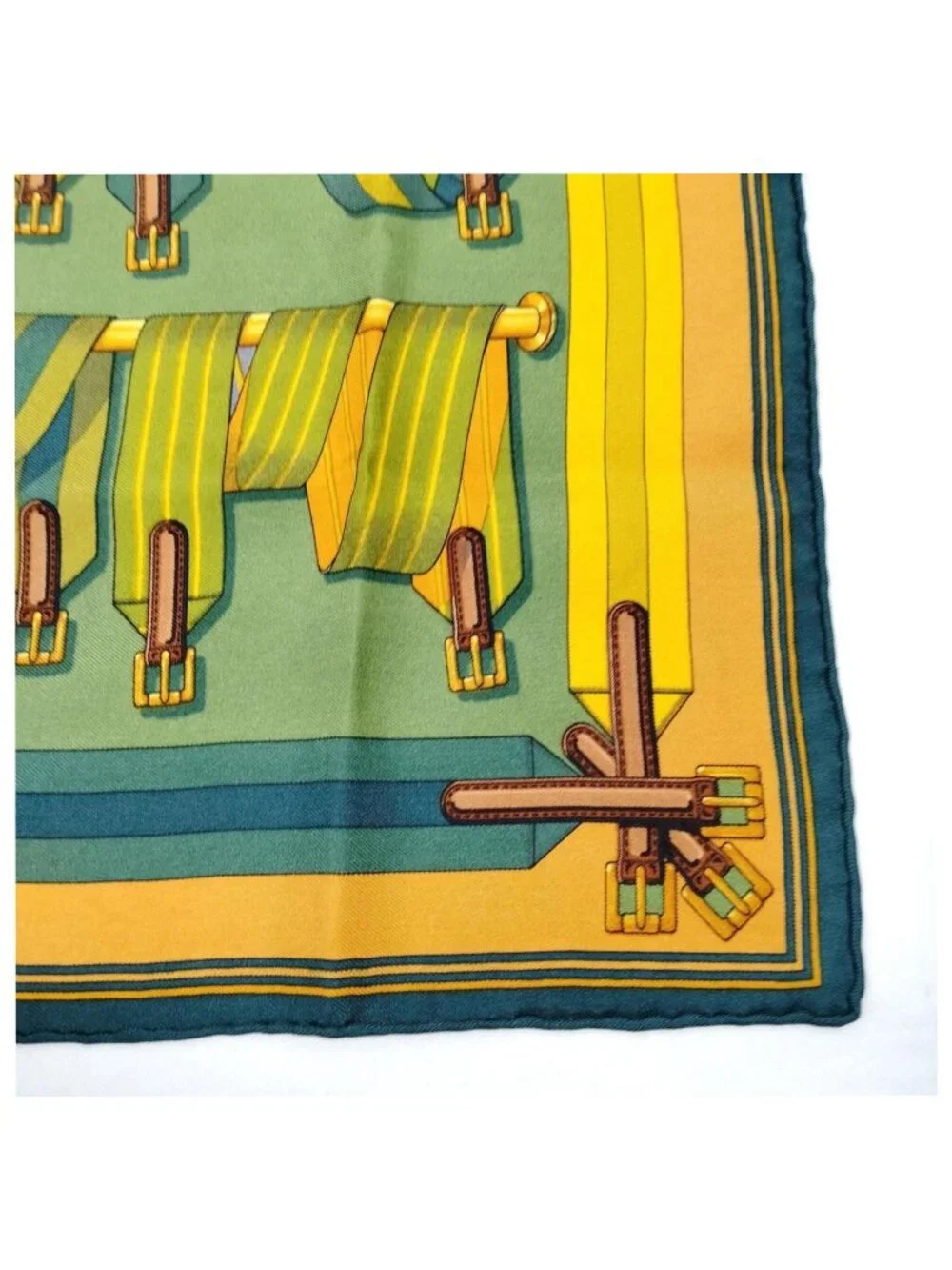 Authentic Hermès Les Sangles Carré 90 Silk Scarf Yellow Green